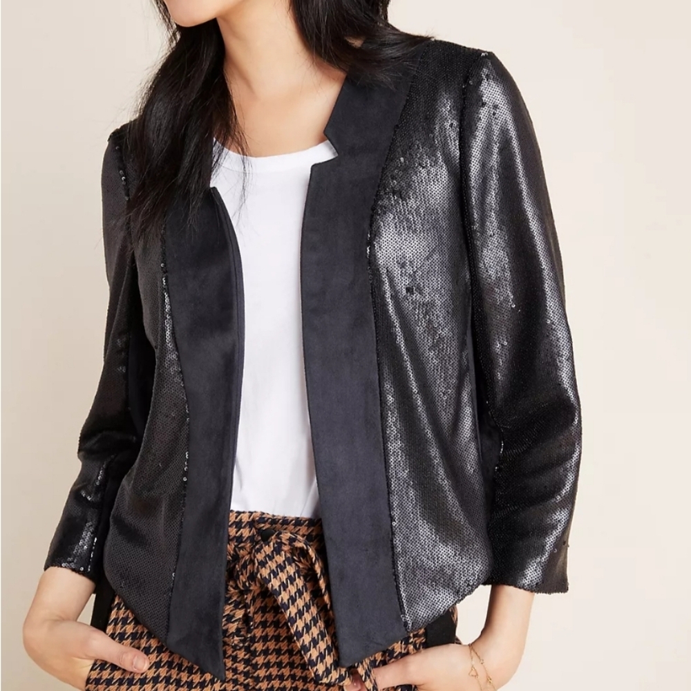 Anthropologie Shonda Black Cropped Sequine Jacket Blazer Evening Party Glam XS